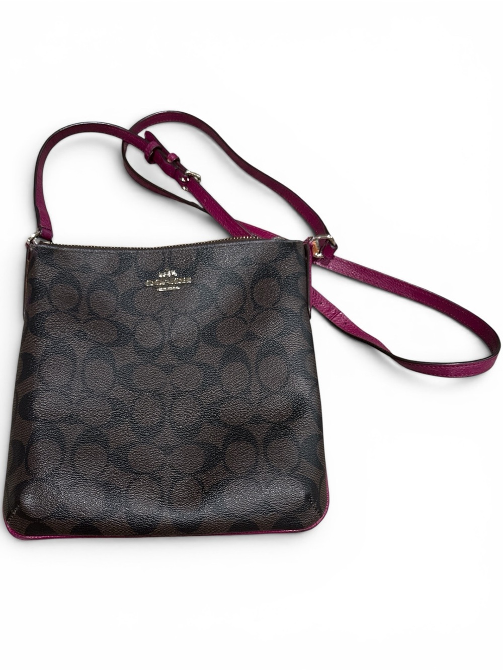 Coach Brown Signature Crossbody with Magenta Strap
